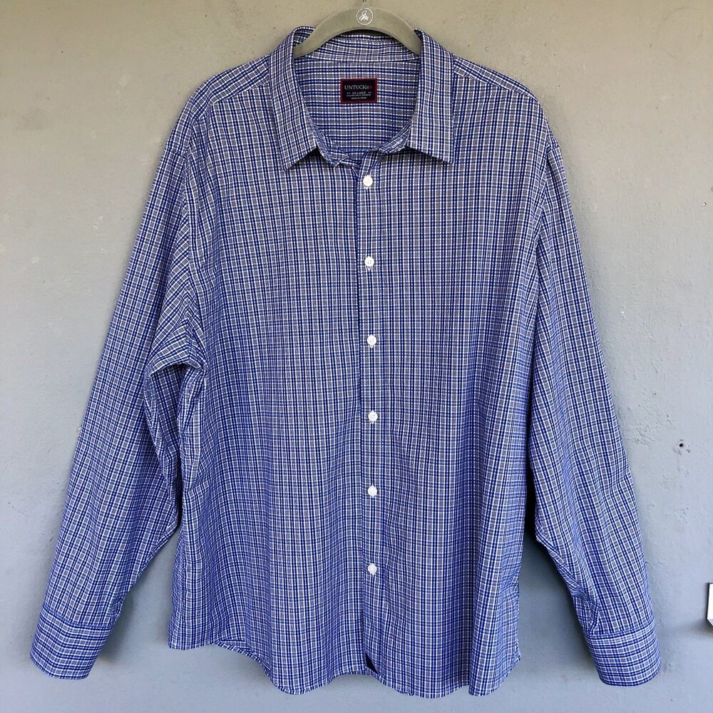 Untuckit Shirt Mens XXL Blue Gingham Plaid Button Up Light Wrinkle Resistant